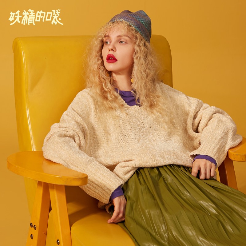 妖精的口袋Y早秋毛衣女宽松韩版秋装2018新款V领长款套头针织衫Q_1 XS 珍珠米白色
