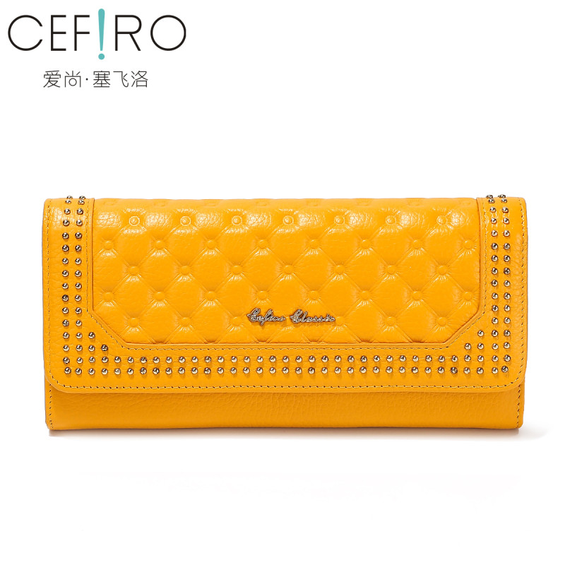 CEFIRO/塞飞洛钱包女士2018新款欧美长款时尚零钱包铆钉手拿包头层牛皮真皮软皮百搭休闲薄款多功能多隔层三折钱夹学生 黄色