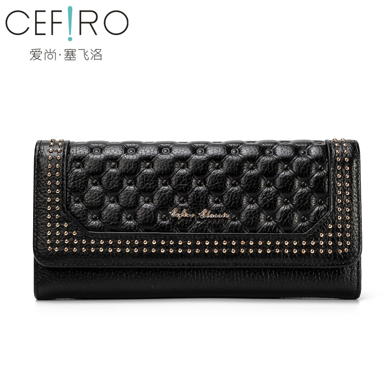 CEFIRO/塞飞洛钱包女士2018新款欧美长款时尚零钱包铆钉手拿包头层牛皮真皮软皮百搭休闲薄款多功能多隔层三折钱夹学生 黑色