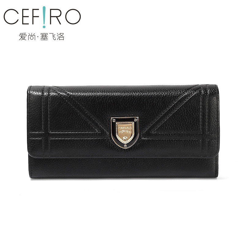 CEFIRO/塞飞洛钱包女士2018新款欧美长款淑女零钱包手包头层牛皮真皮软妹百搭休闲薄款多功能多隔层三折钱夹时尚学院风 黑色