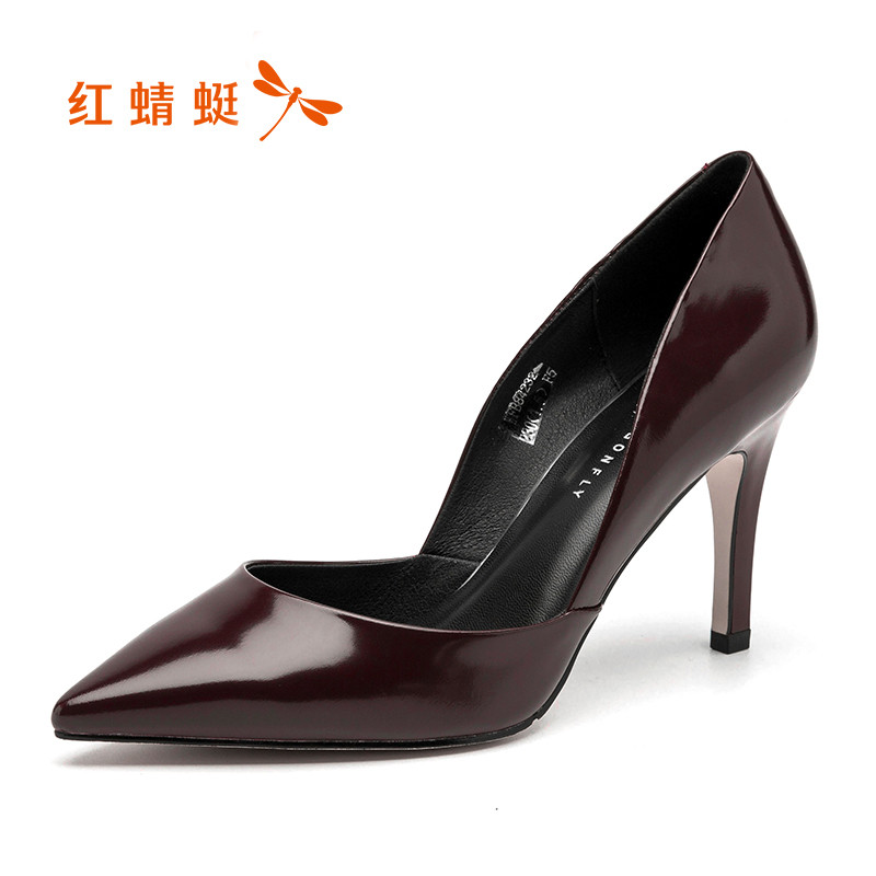 红蜻蜓高跟鞋2018秋季新品真皮套脚单鞋欧美尖头性感细跟OL职业女鞋夜店宴会社交女鞋商场同款 酒红色 38码