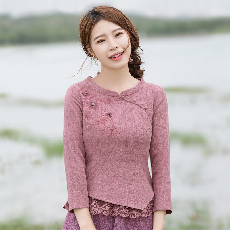 烟花烫秋装女2018新款复古绣花蕾丝纯色显瘦时尚上衣T恤 蛮雨3831530 灰粉色 XXXL