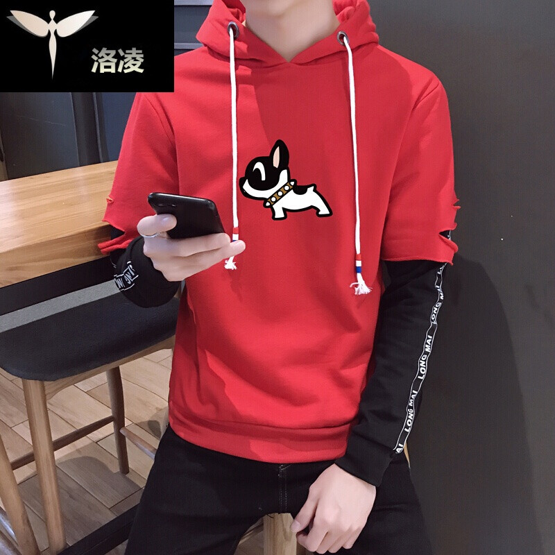 男装2018秋装新款卫衣男连帽套头韩版修身长袖男帽衫运动服外套男装潮 XXXL 红色