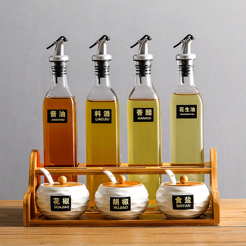 料盒味罐套装家用组合陶瓷玻璃酱油瓶醋油壶瓶罐厨房用品 波浪+油壶8件套送标签