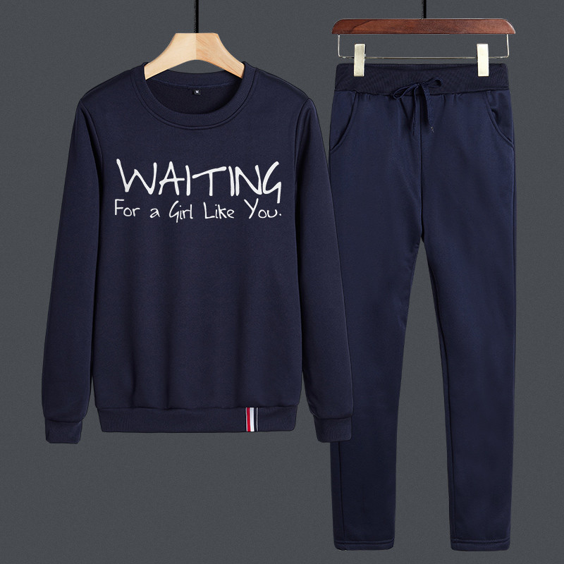 套头卫衣男秋冬季圆领休闲运动套装潮流时尚帅气学生男装两件套YTZ204 XL 蓝色