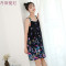 宽松韩版清新带睡裙人造棉睡衣女夏纯棉中裙大码棉绸家居服新品 170(XL) 牛仔蓝