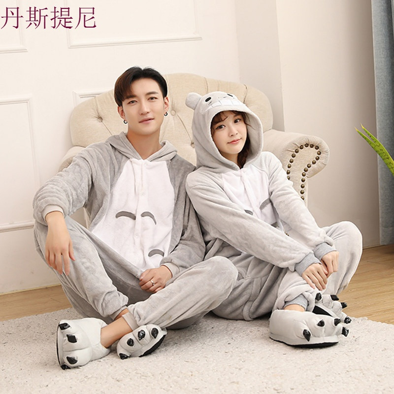 卡通法兰绒连体睡衣女秋冬季情侣可爱恐龙猫动物成人加厚家居服男_1_7 L号(适合身高166~175cm无鞋) 龙猫