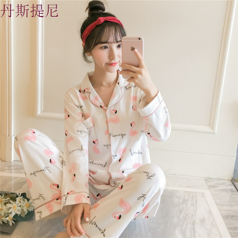 韩版纯棉睡衣女秋天长袖套装甜美可爱宽松薄款春秋季家居服可外穿 XL 2975#天鹅