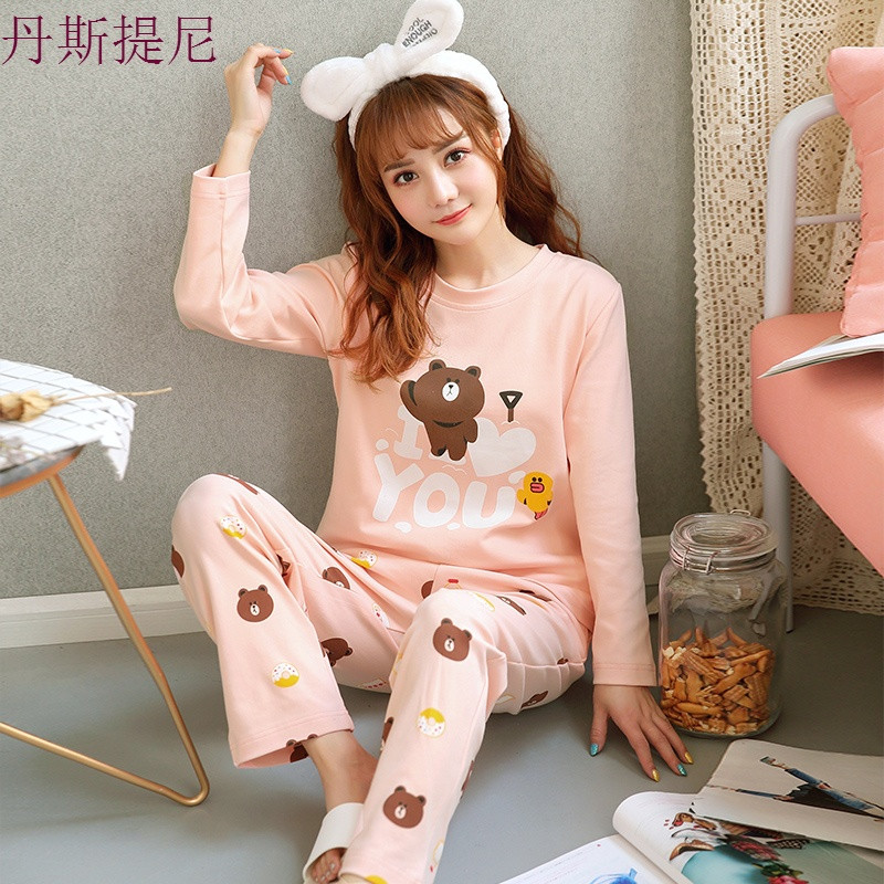 睡衣女春秋季纯棉长袖韩版时尚休闲居家服秋天宽松可外穿薄款套装_7 女XXL码（130-150斤） Y1951