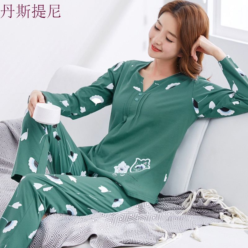 中年妈妈睡衣女春秋季纯棉长袖两件套薄款全棉中老年加大码家居服_5_5 XL(适合体重125-140斤) 335