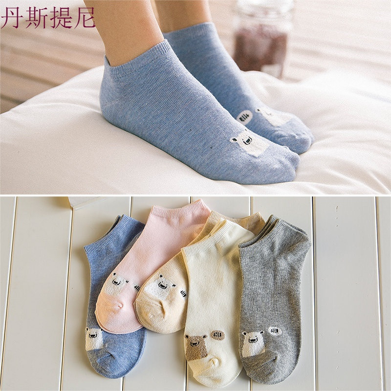 船袜女纯棉春夏季薄款韩国可爱浅口隐形女短袜日系袜子女硅胶防滑_8 均码(5双装) G01嘿熊短袜