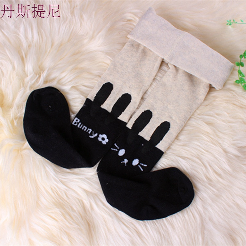 春秋新款纯棉儿童连裤袜韩版女童拼接打底裤宝宝假中筒连体长袜子_3_2 加大码建议身高135-145 米灰小兔
