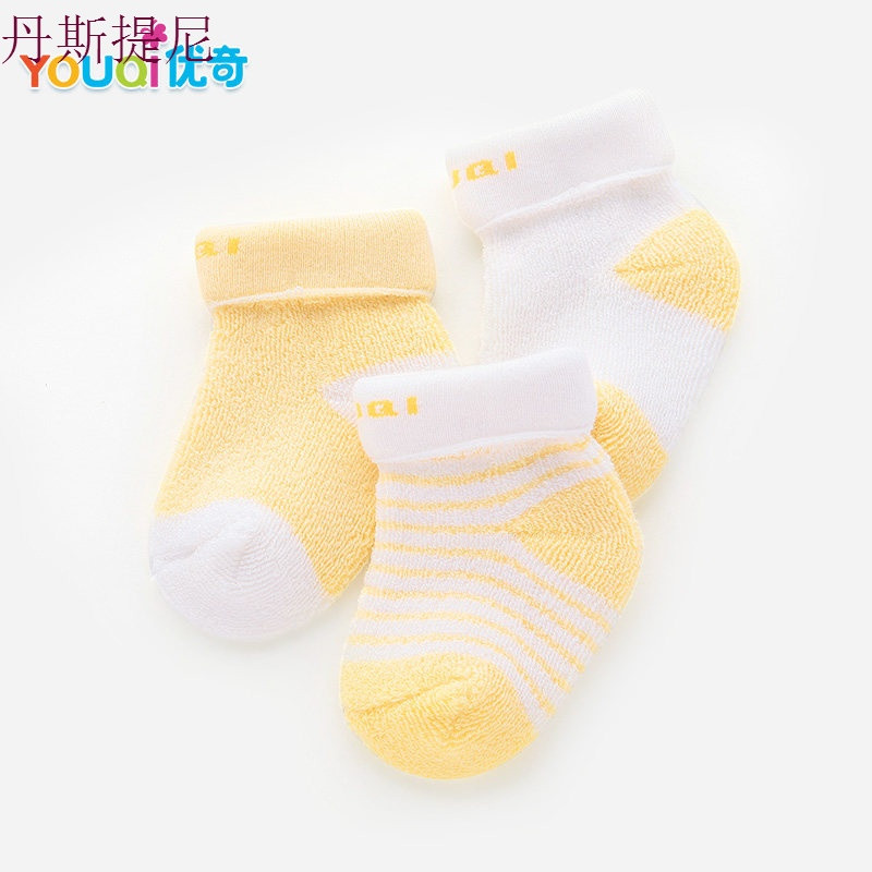 婴儿棉袜子新生0个月3初生春秋冬1岁6男童宝宝儿童女童中筒长袜子_1 M码推荐9-18个月 冬【三双装】黄