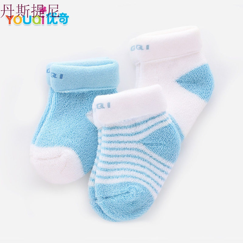 婴儿棉袜子新生0个月3初生春秋冬1岁6男童宝宝儿童女童中筒长袜子_1 M码推荐9-18个月 冬【三双装】蓝