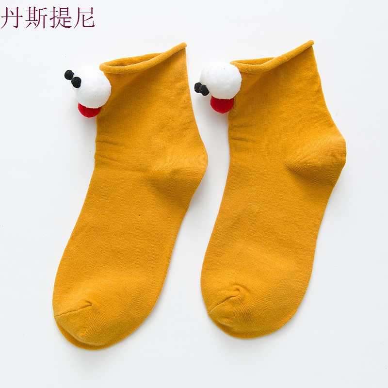 ins抖音立体大眼睛袜子女春秋款3d短袜可爱搞怪卡通中筒袜长袜潮 眼睛在后 姜黄色3双