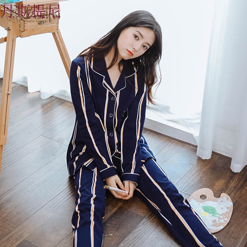 情侣睡衣秋长袖条纹春秋开衫薄款韩版女家居服男士全棉套装可外穿_8 XL码 A8211-1女款