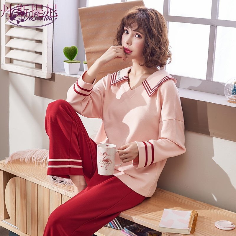 长袖睡衣女士春秋季纯棉可外穿韩版清新学生可爱两件套装家居服冬_6 XXL【纯棉送棉拖】 DSH5725
