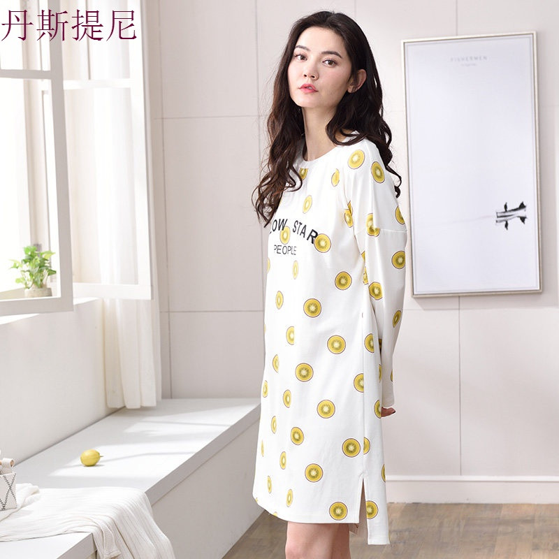 春秋款睡裙女夏长袖纯棉全棉韩版宽松薄款条纹长裙全棉中长款睡衣_1 170(XL) 7602