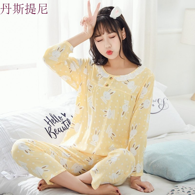 韩版棉绸睡衣女长袖春秋夏薄款甜美可爱绵绸家居服人造棉两件套装_0 棉绸长袖L 黄色白兔