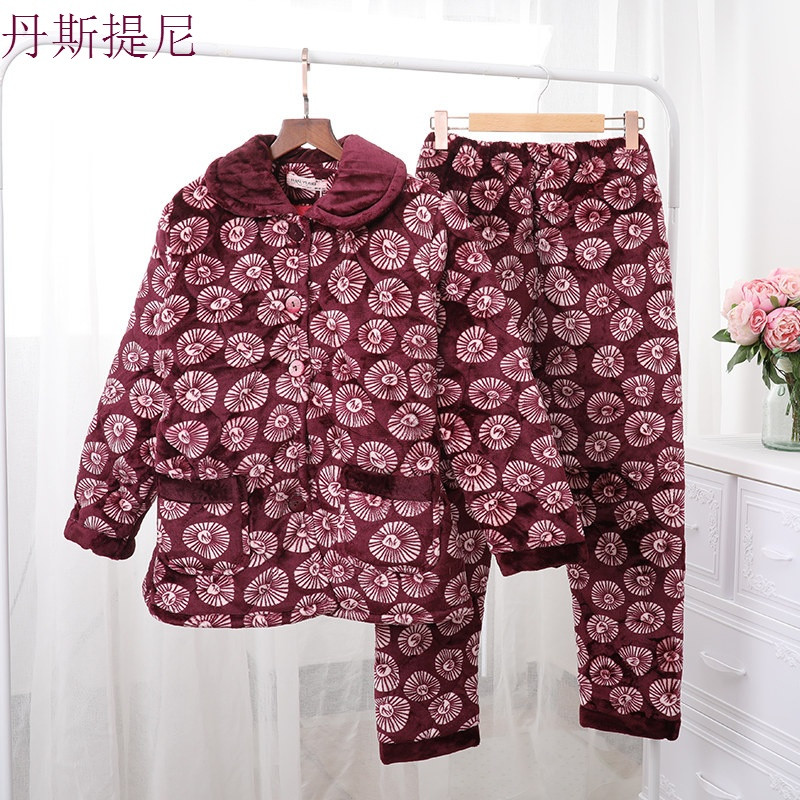 中老年人睡衣女冬季加厚绒三层夹棉珊瑚绒法兰绒套装妈妈家居服秋 M（80-100斤） 01款
