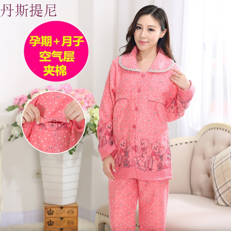 冬天孕妇哺乳期空气层夹棉月子服加厚秋冬季产后纯棉保暖喂奶睡衣_9 XL码【120-140斤】 324#缤纷小熊（红）