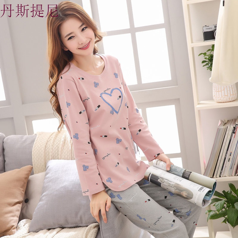 睡衣女秋纯棉长袖秋春夏季全棉家居服休闲韩版女可爱卡通套装_5 M码（80-105斤） 040