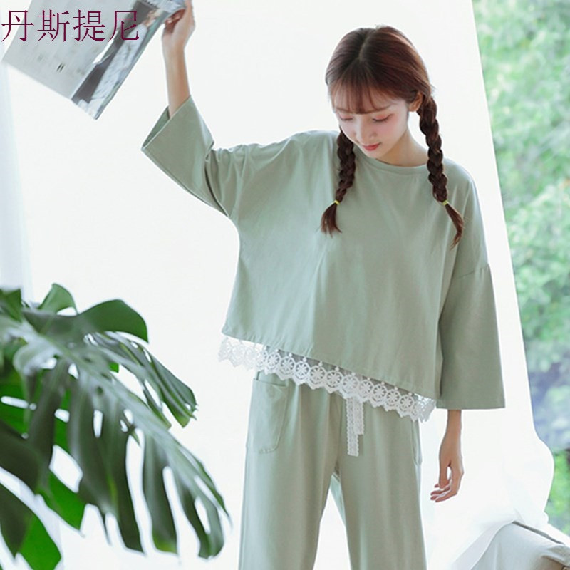 睡衣女夏长袖休闲春秋套装薄款外穿韩版小清新学生纯棉懒人家居服_4 XL 绿色绿花边