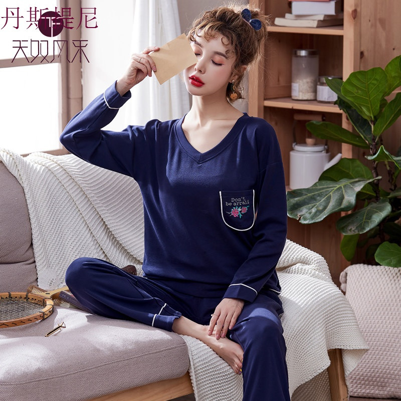 春秋季睡衣女两件套装纯棉长袖韩版清新学生宽松时尚家居服可外穿_2_1 165(L) J3407宝蓝