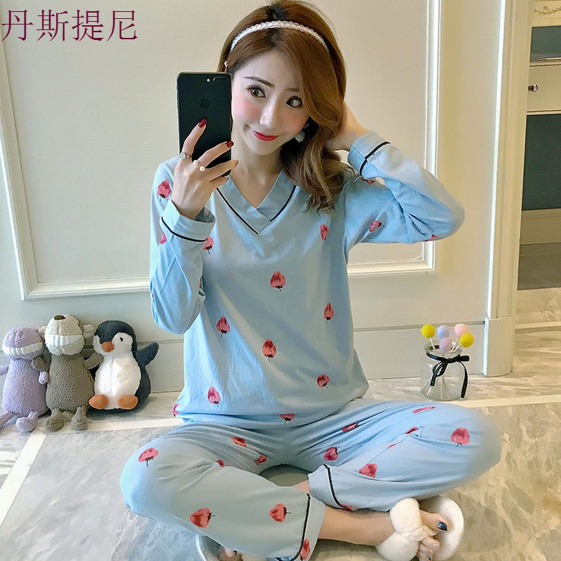 纯棉睡衣女夏长袖韩版清新学生甜美可外穿秋季全棉绸家居服两件套 XL码(166-170/115-130斤) 805.2草莓蓝色