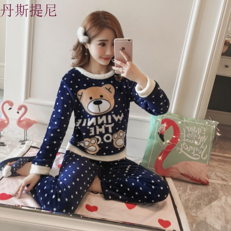 秋冬季珊瑚绒睡衣女冬长袖韩版加厚毛绒甜美可爱法兰绒家居服套装 XXL 藏青色圆点熊
