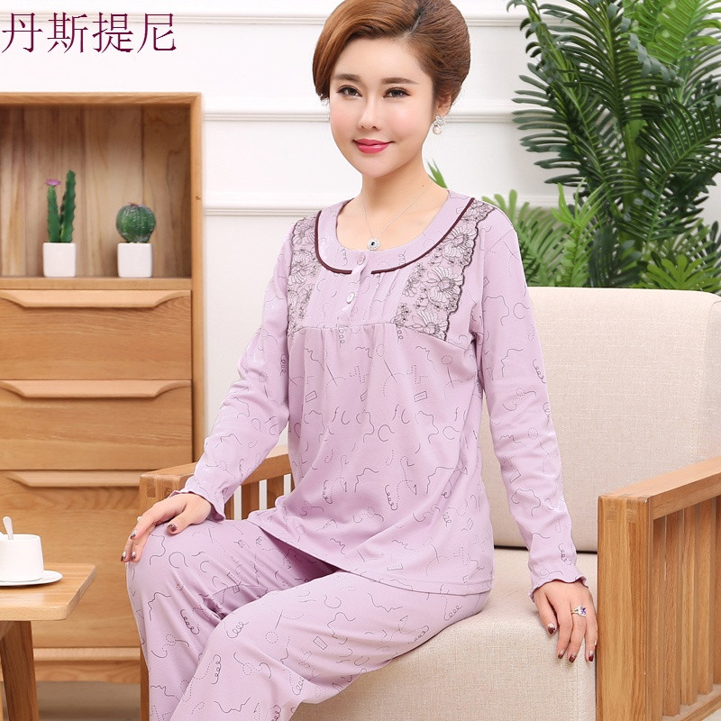 春秋季女中老年妈妈款纯棉长袖睡衣宽松加大码中年女士家居服套装_4 XXXL【推荐165-190斤】 6623