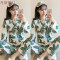 睡衣女秋长袖纯棉日系和服甜美可爱韩版清新学生春秋冬家居服套装 M 两件装和服（芭蕉叶+芭蕉叶）