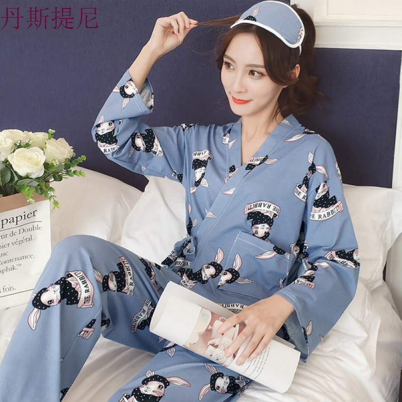 日式和服睡衣女夏季纯棉短长袖甜美可爱春秋家居服套装宽松可外穿 M Q蓝色兔子