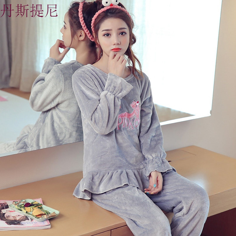 珊瑚绒睡衣女秋冬季加厚加绒保暖韩版甜美可爱法兰绒闺蜜套装冬天_9_4 XXL（170-175cm，140-155斤） 101粉红豹灰色
