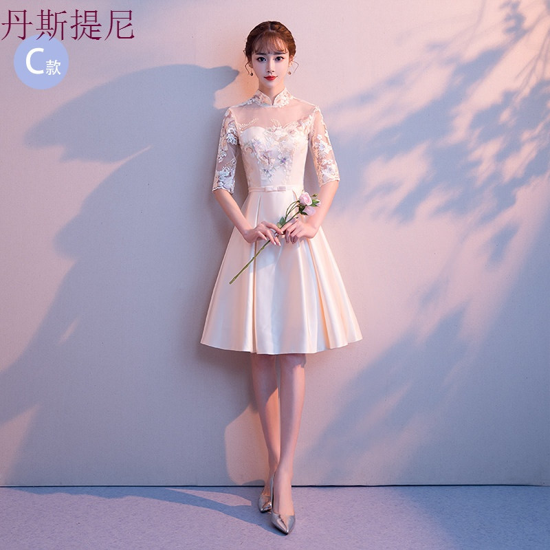 香槟色伴娘服女2018新款夏季韩版伴娘晚礼服裙姐妹团显瘦短款毕业 S 香槟色C款
