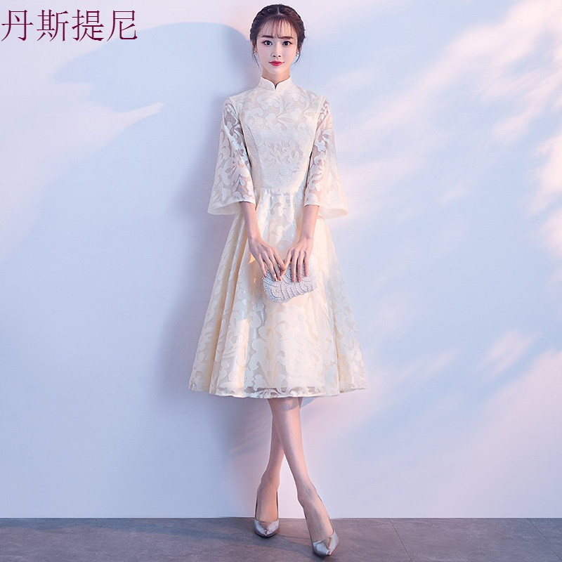 宴会晚礼服2018新款端庄大气显瘦高贵优雅中式婚礼伴娘服女中长款 量身定做（不退换） 香槟色