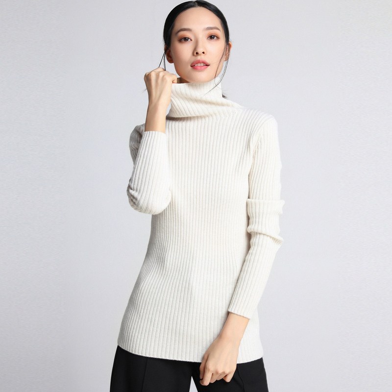 恒源祥羊毛衫女高领秋冬中长款厚款毛衣修身打底衫时尚立领针织衫_1 170/L 米白