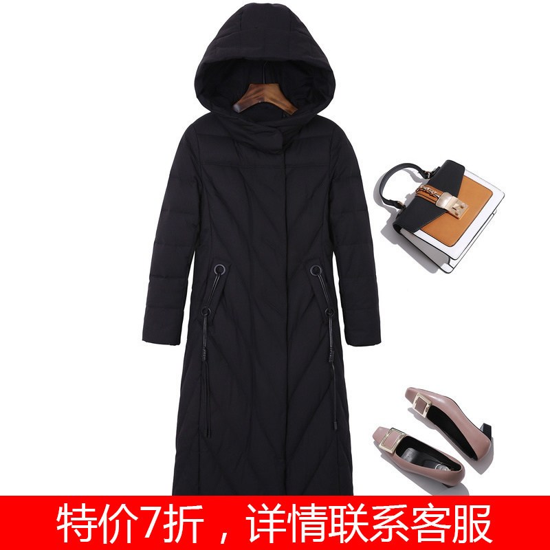 恒源祥过膝长款羽绒服女连帽白鸭绒纯色休闲保暖2018冬季新品外套_1 180/100A 黑色