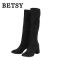 BETSY BT9803-02 羊京布绒面高跟长筒靴子高筒女靴圆头粗跟方跟防水台 深紫色 35码