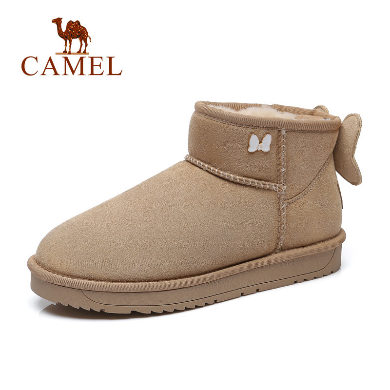 Camel骆驼2018秋冬新款雪地靴可爱加绒加厚短筒绒面短靴保暖平底靴子女 A84275637杏色 40码