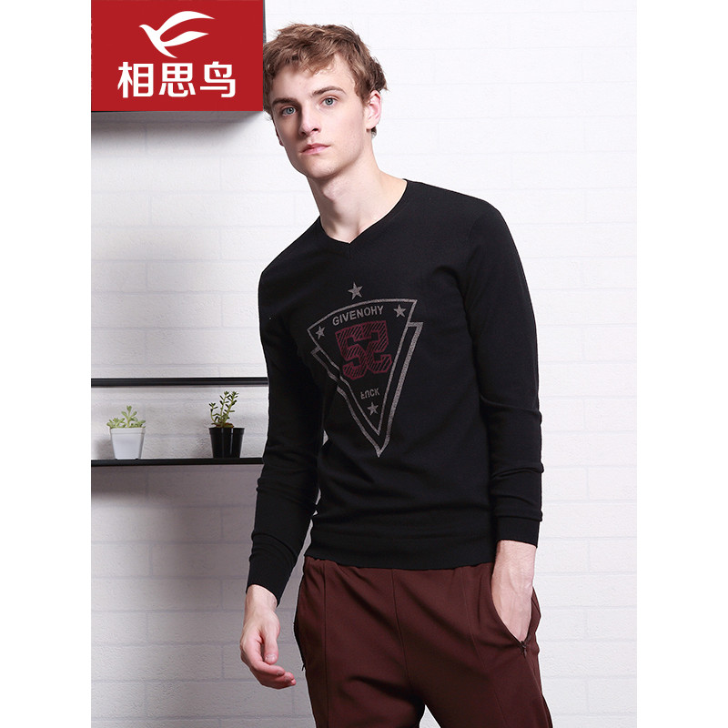 红豆相思鸟（xiangsiniao）男士春秋季套头V领前胸印章针织衫男SM359 180/96A S1黑色