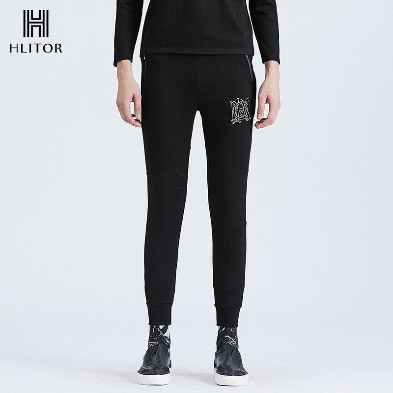 法国HLITOR欧洲时尚新品舒适简约植绒刺绣男装慢跑裤休闲裤 XL 黑色W9
