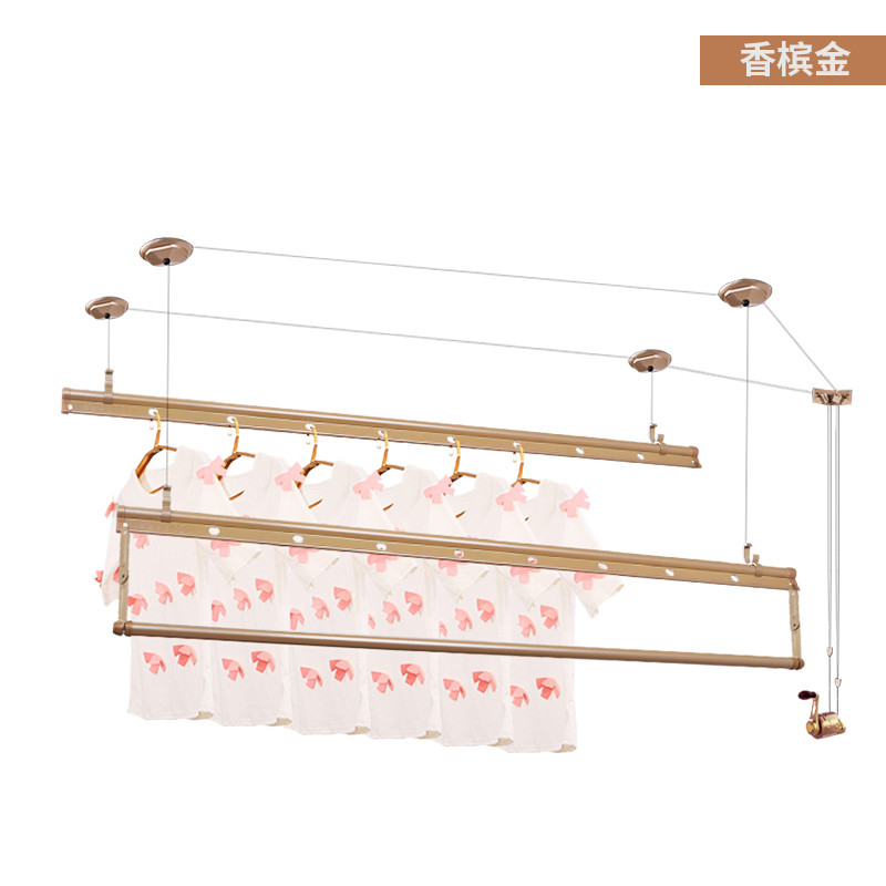 灵孜格 升降手摇晾衣架 阳台室内晾衣架三杆式晒衣晾晒架 705C钻石金三杆2.4米包安装