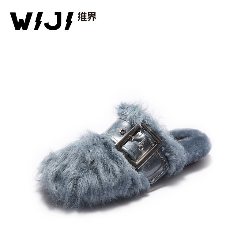 WIJI2018秋冬新款时髦潮流女单鞋休闲舒适羊卷毛金属环扣平底女鞋_1 蓝色 38