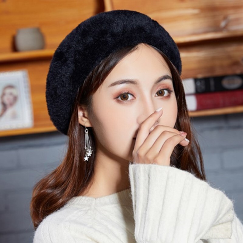 可爱气质贝雷帽秋冬韩版百搭复古帽子女生纯色保暖画家帽日系甜美小清新南瓜帽黑适合56-58c 黑