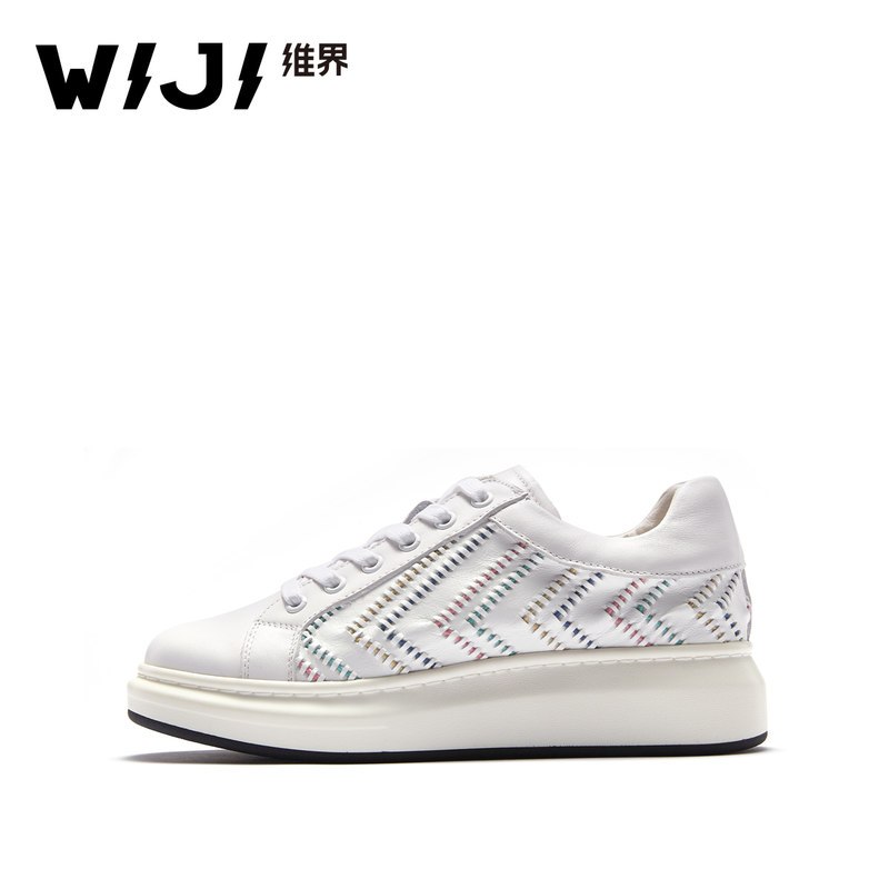 WIJI维界女鞋秋季新款特色彩色编织系带圆头低帮鞋韩版时尚小白鞋 白色 39
