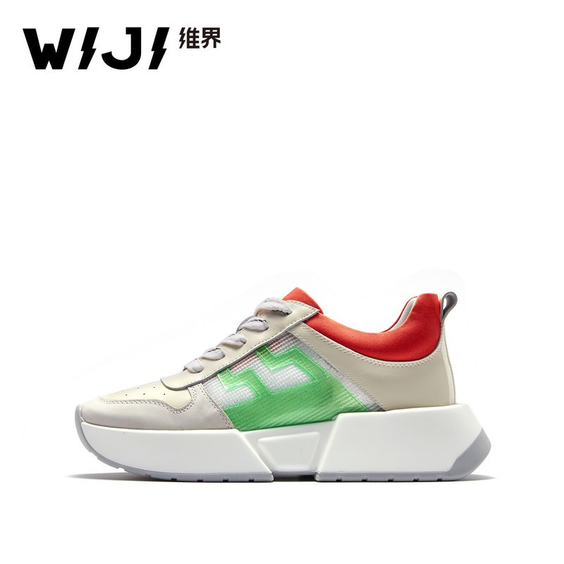 WIJI维界2018新款时尚女鞋拼色休闲运动单鞋松糕底系带透气跑步鞋 白色 39