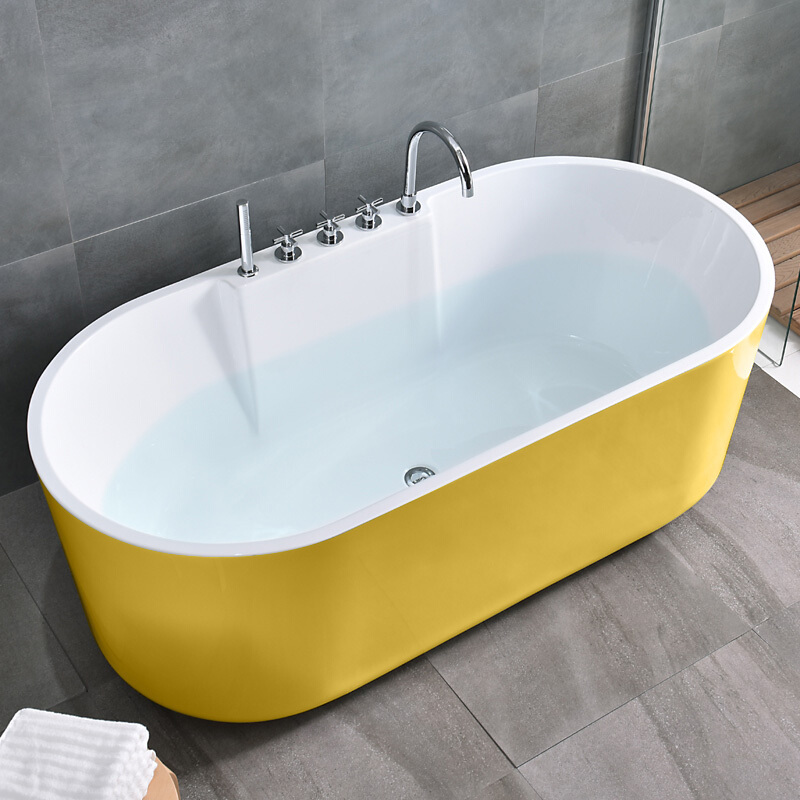 独立式浴缸薄边家用独立式浴缸欧式小户型坐凳浴桶白色一体加深独立式配置全白空浴缸加落地龙头 内白外黄五件套浴缸 1.6M