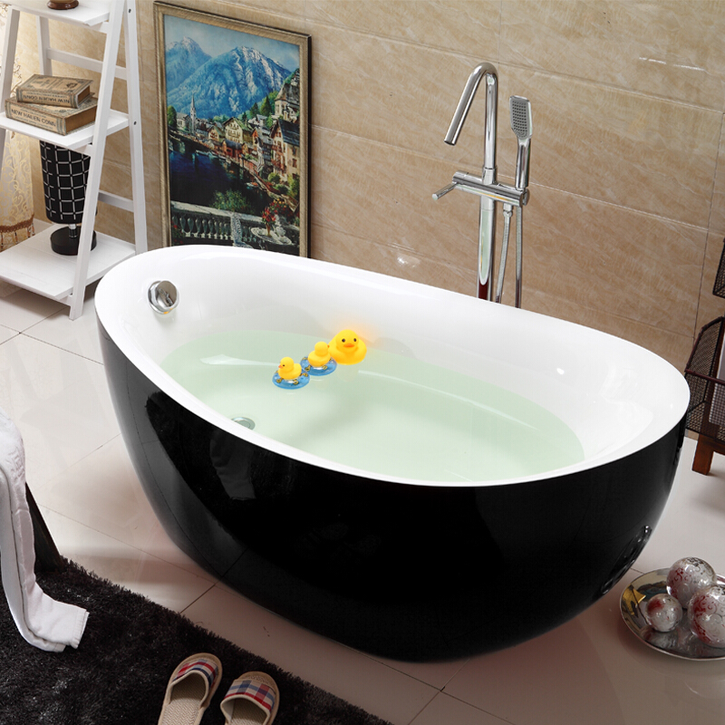 浴缸粉侣保温小户型黑色家用独立式黄色卵型创意个性浴缸蛋型小户型恒温 黑加白-不含龙头- 1.6M