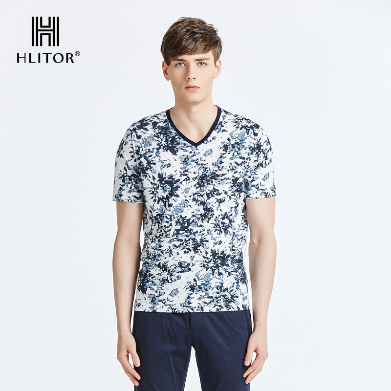 法国HLITOR专柜正品2018春夏时尚都市系列双丝光棉V领短袖T恤男 XL W1白色
